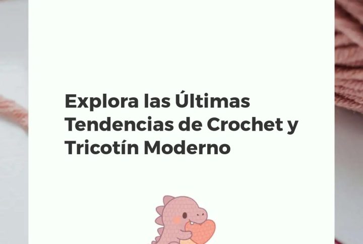 Composición de proyectos modernos de crochet y tricotín con colores vibrantes y texturas, herramientas de tejer y lanas.